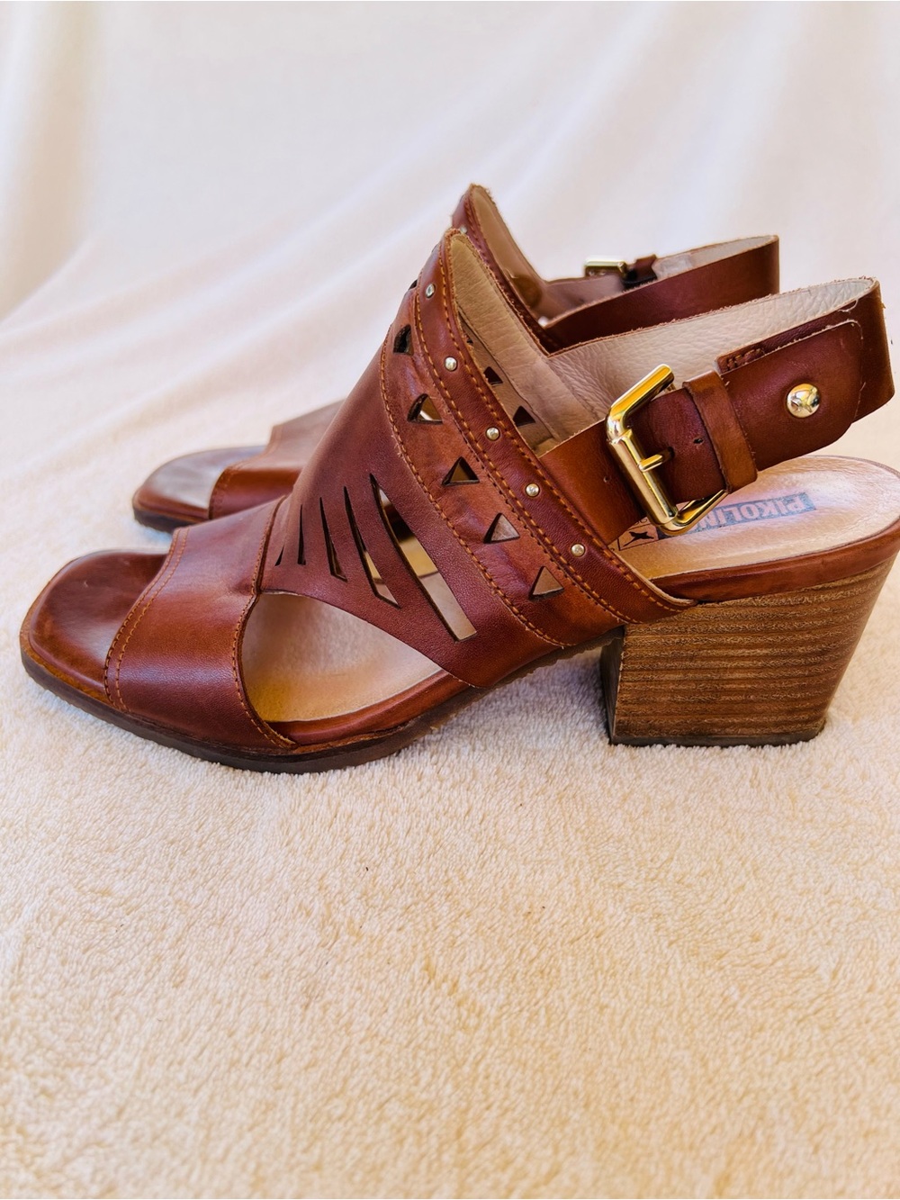 Pikolinos Brown Leather Slingback Heeled Sandals Geometric Cutouts Size 8 - Picture 9 of 9